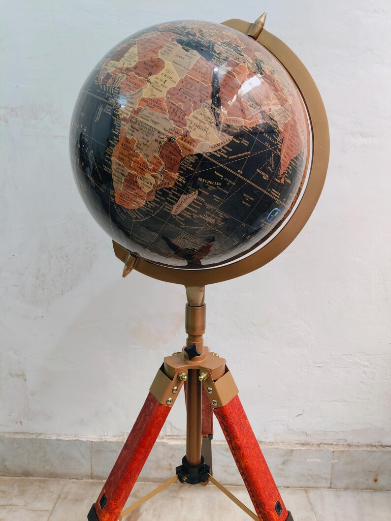 Large Dark Globe with Antique Brass Ring on Adjustable Wooden Tripod Stand view 6