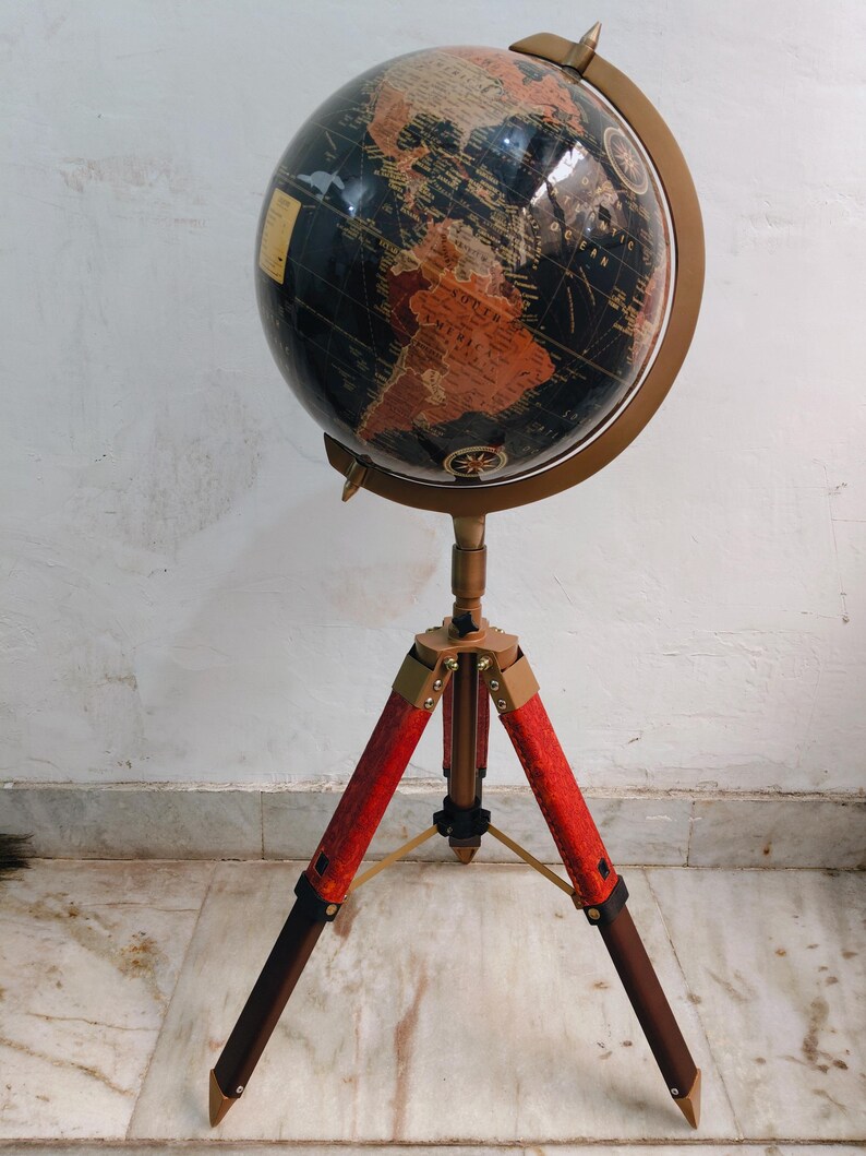 Large Dark Globe with Antique Brass Ring on Adjustable Wooden Tripod Stand view 8