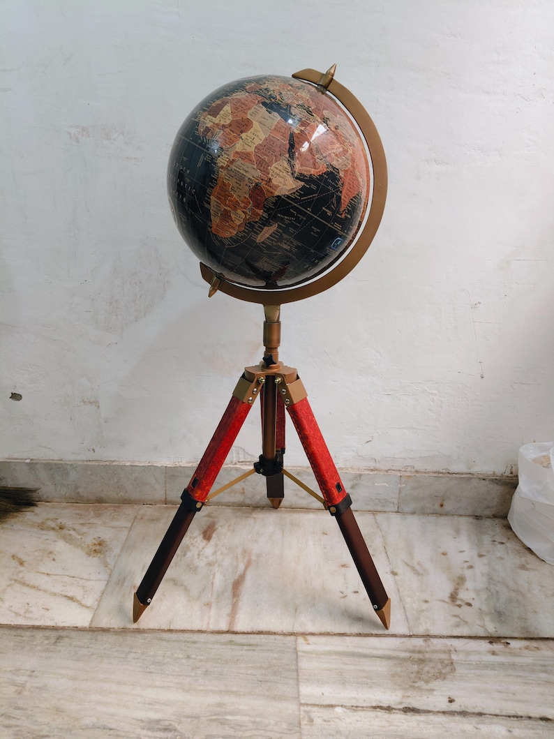 Large Dark Globe with Antique Brass Ring on Adjustable Wooden Tripod Stand view 9