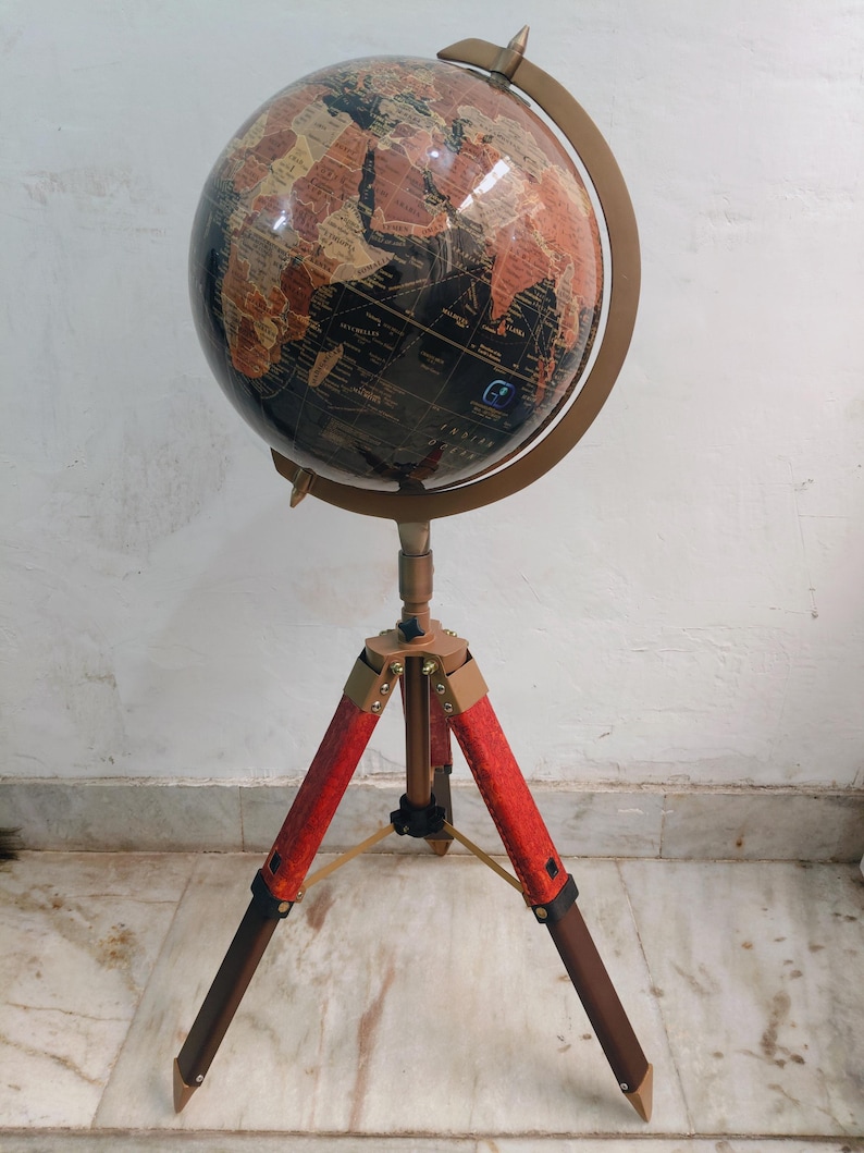 Large Dark Globe with Antique Brass Ring on Adjustable Wooden Tripod Stand view 10