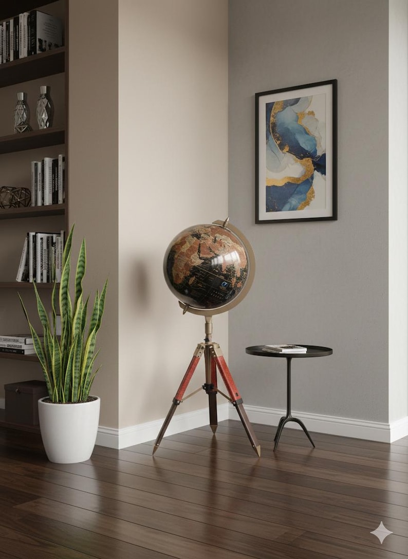 Large Dark Globe with Antique Brass Ring on Adjustable Wooden Tripod Stand view 11