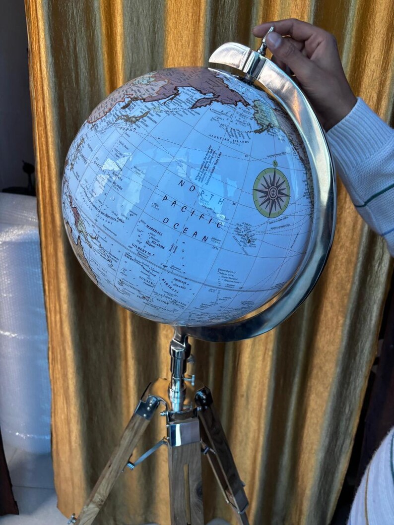 Vintage Dark Globe with Antique Brass Ring on Dark Brown Wooden Tripod Stand view 2