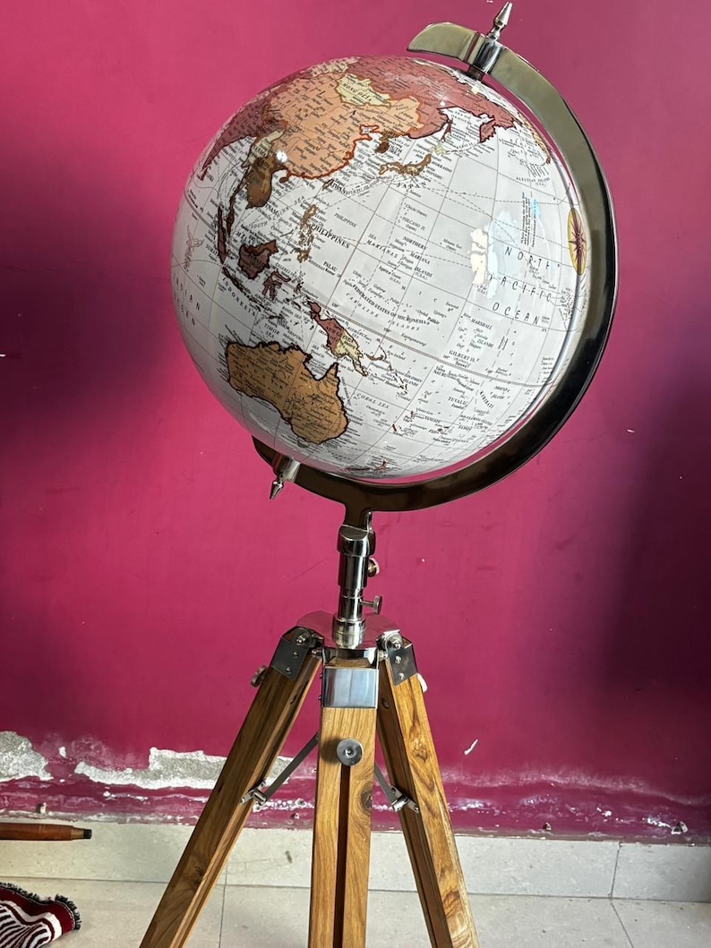 Vintage Dark Globe with Antique Brass Ring on Dark Brown Wooden Tripod Stand view 3