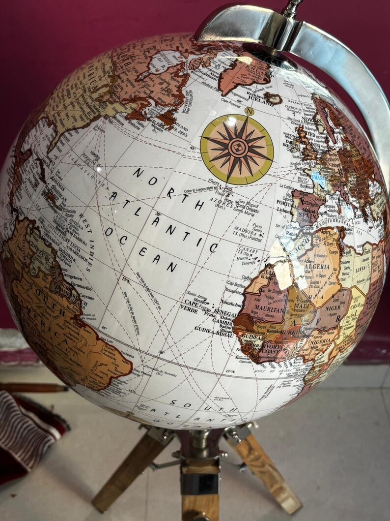 Vintage Dark Globe with Antique Brass Ring on Dark Brown Wooden Tripod Stand view 5