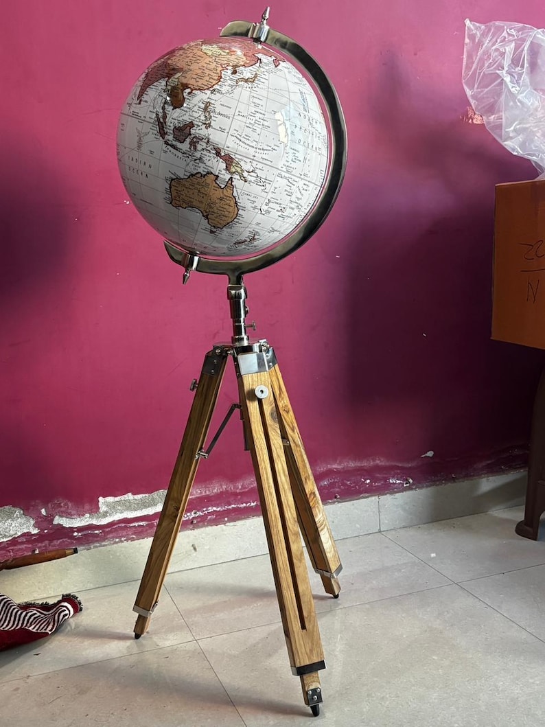 Vintage Dark Globe with Antique Brass Ring on Dark Brown Wooden Tripod Stand view 6