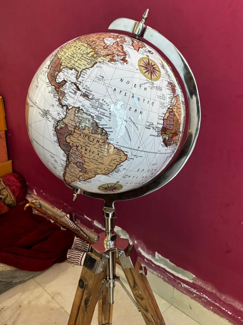 Vintage Dark Globe with Antique Brass Ring on Dark Brown Wooden Tripod Stand view 7
