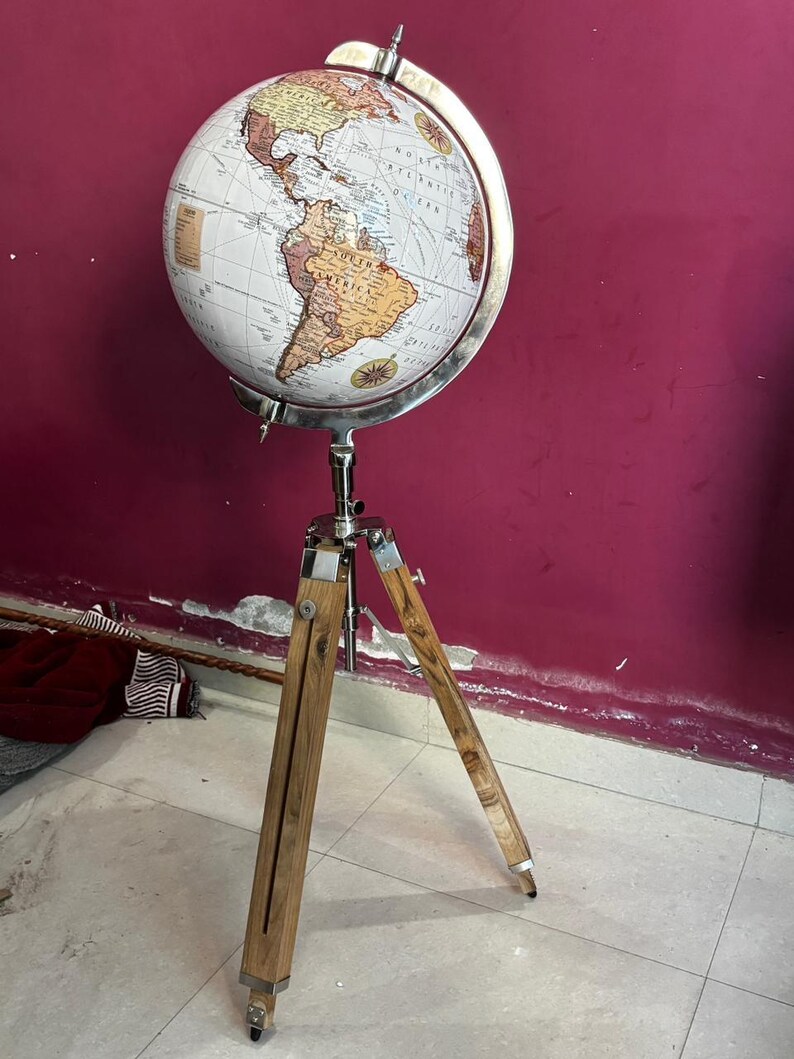 Vintage Dark Globe with Antique Brass Ring on Dark Brown Wooden Tripod Stand view 8