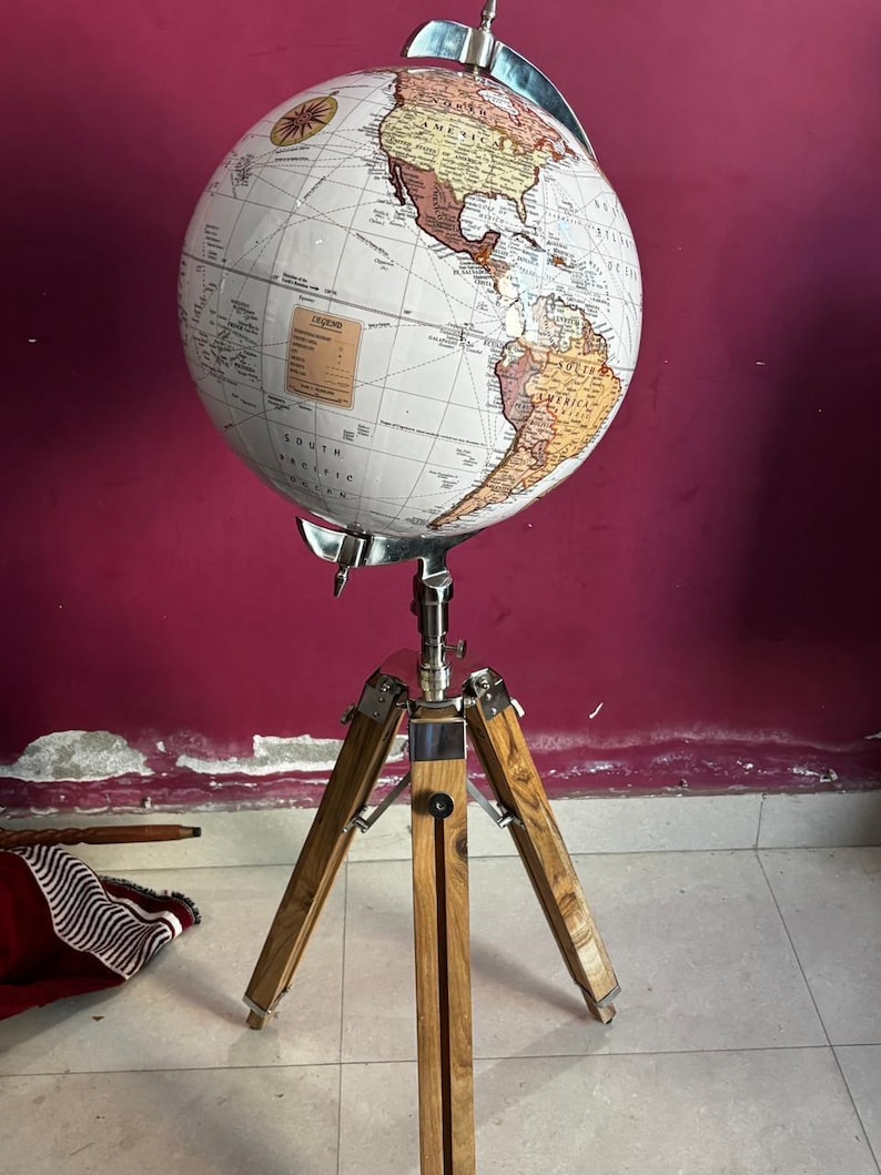 Vintage Dark Globe with Antique Brass Ring on Dark Brown Wooden Tripod Stand view 9