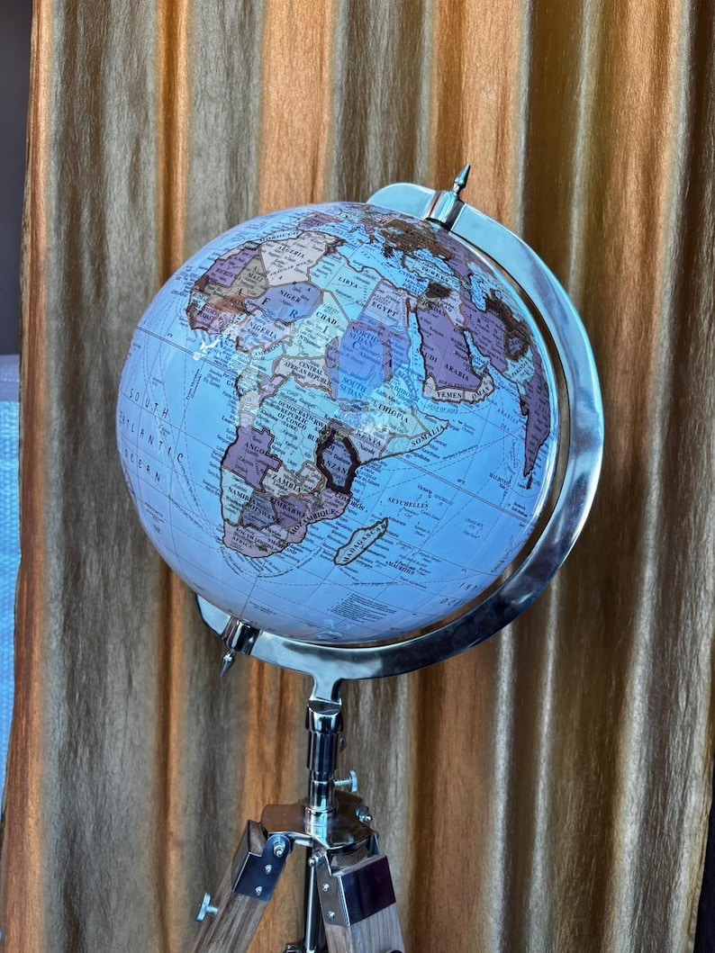 Vintage Dark Globe with Antique Brass Ring on Dark Brown Wooden Tripod Stand view 10