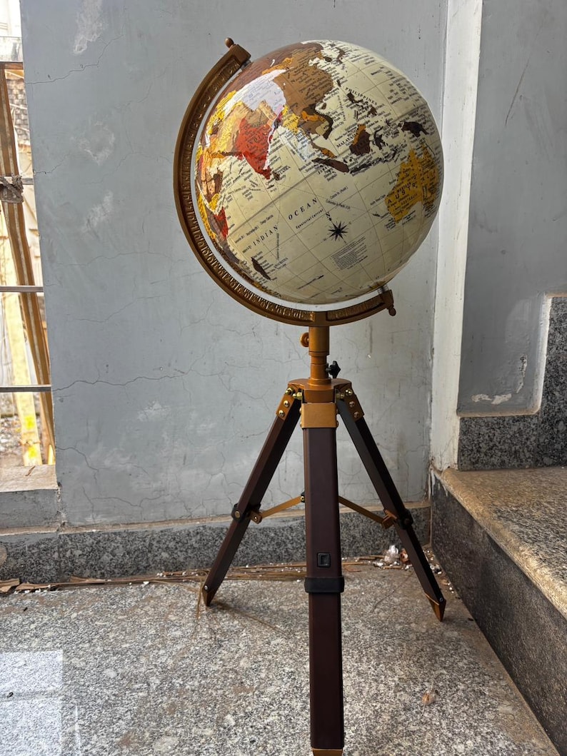 White Mapped Globe on Rosewood Tripod Stand with Antique Brass Ring view 3