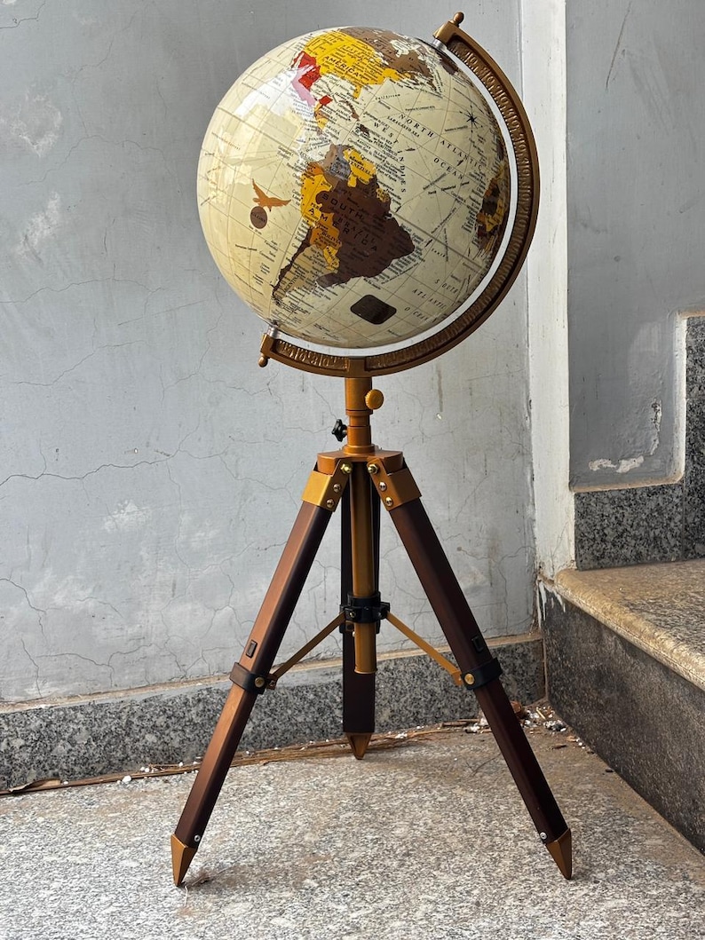 White Mapped Globe on Rosewood Tripod Stand with Antique Brass Ring view 4