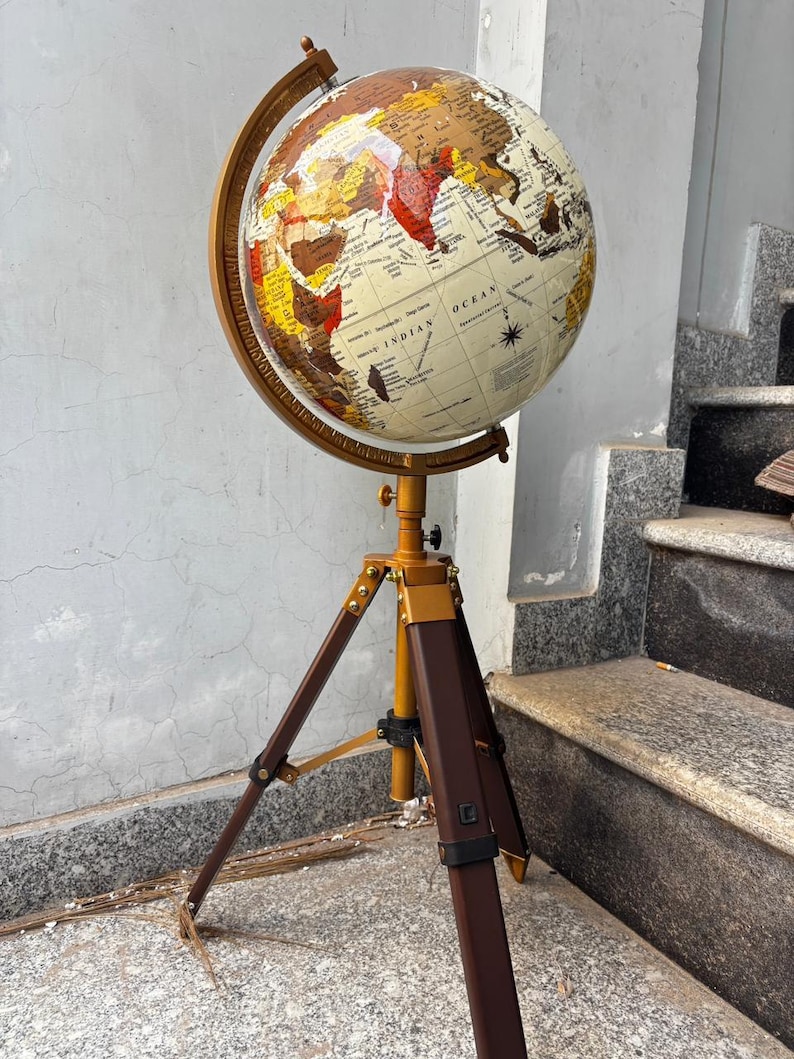 White Mapped Globe on Rosewood Tripod Stand with Antique Brass Ring view 5