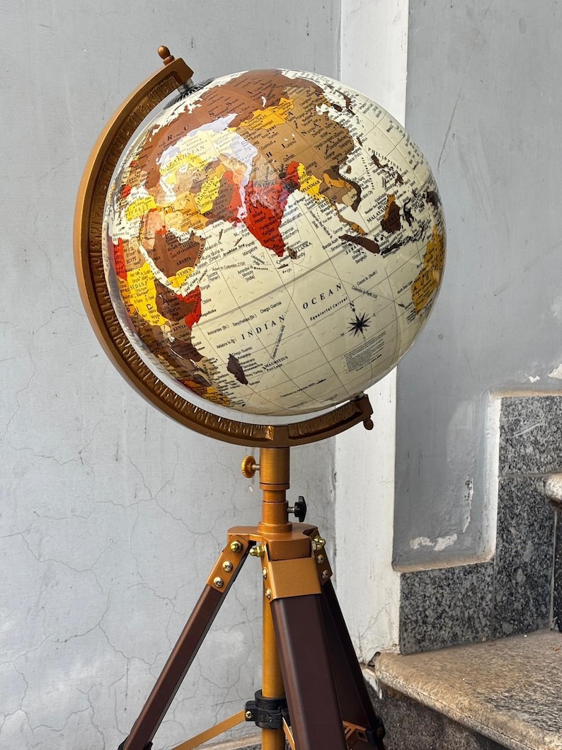 White Mapped Globe on Rosewood Tripod Stand with Antique Brass Ring view 6