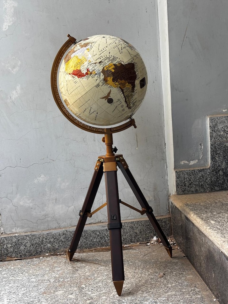 White Mapped Globe on Rosewood Tripod Stand with Antique Brass Ring view 8