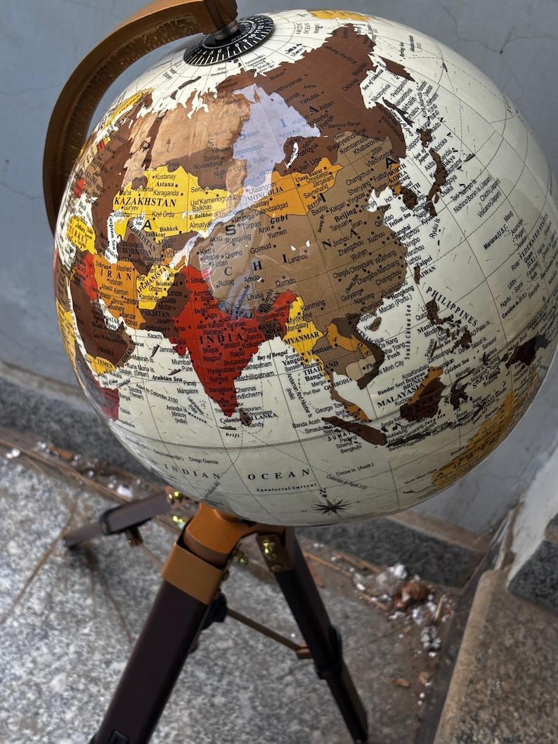 White Mapped Globe on Rosewood Tripod Stand with Antique Brass Ring view 10