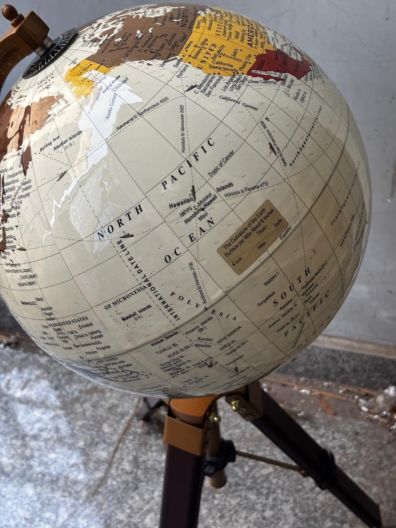 White Mapped Globe on Rosewood Tripod Stand with Antique Brass Ring view 11