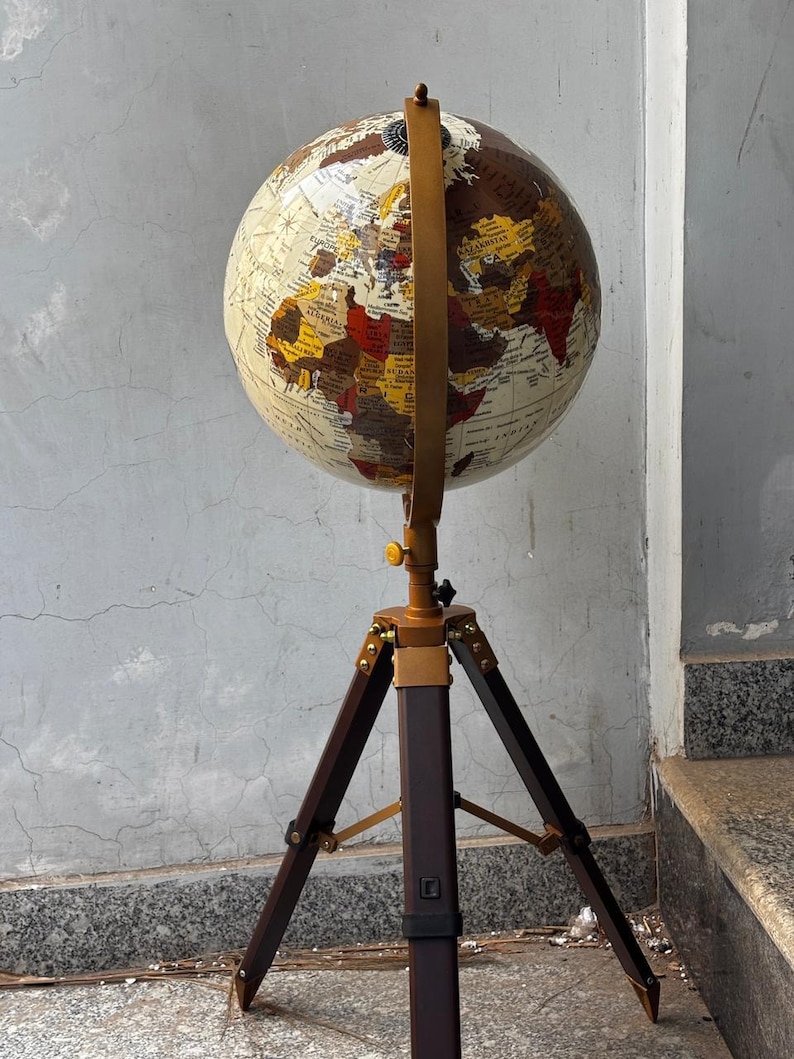 White Mapped Globe on Rosewood Tripod Stand with Antique Brass Ring view 12