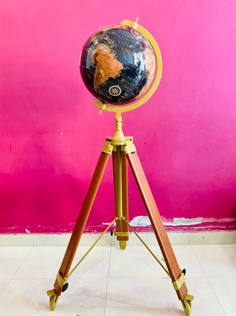 Large Dark Globe on Wooden Tripod Stand with Brass Ring view 2