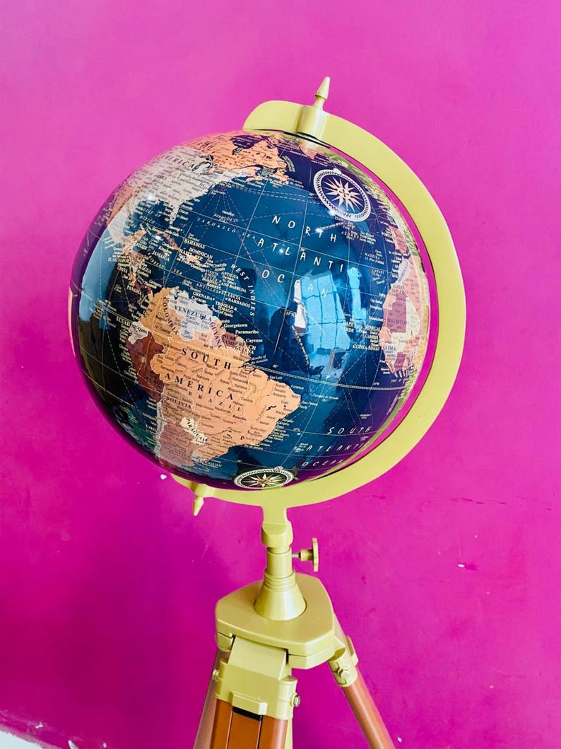Large Dark Globe on Wooden Tripod Stand with Brass Ring view 3