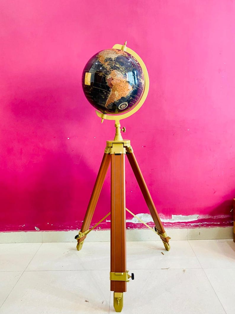 Large Dark Globe on Wooden Tripod Stand with Brass Ring view 4