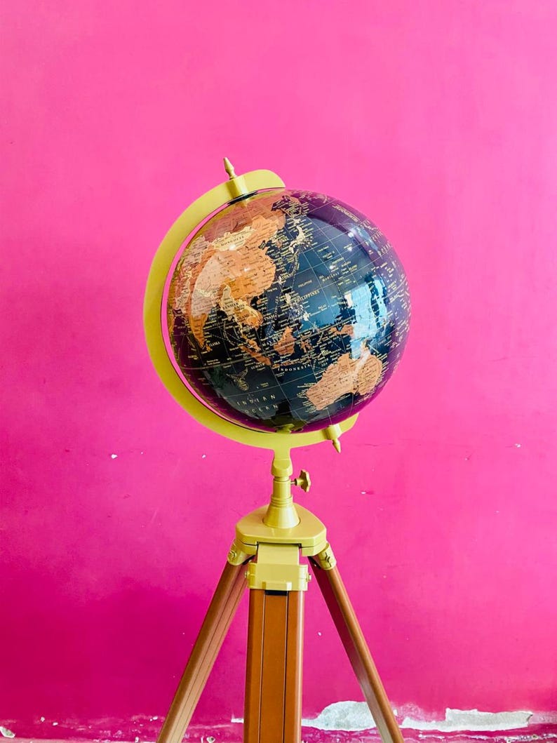 Large Dark Globe on Wooden Tripod Stand with Brass Ring view 5