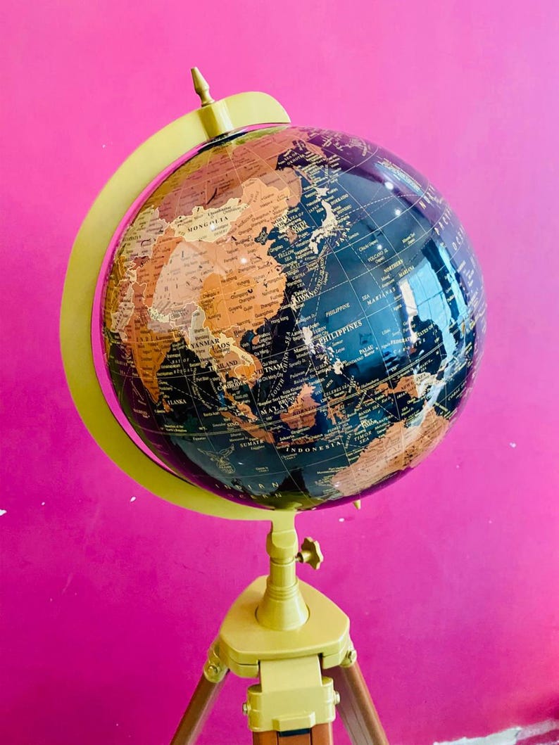 Large Dark Globe on Wooden Tripod Stand with Brass Ring view 6