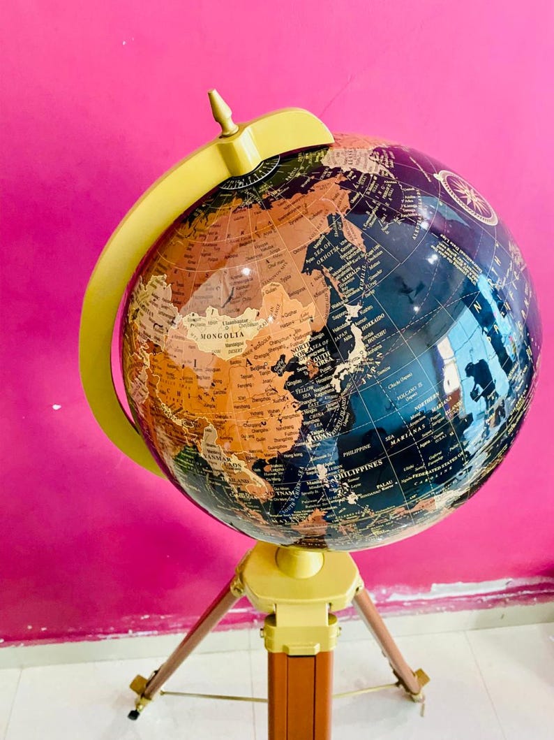 Large Dark Globe on Wooden Tripod Stand with Brass Ring view 7