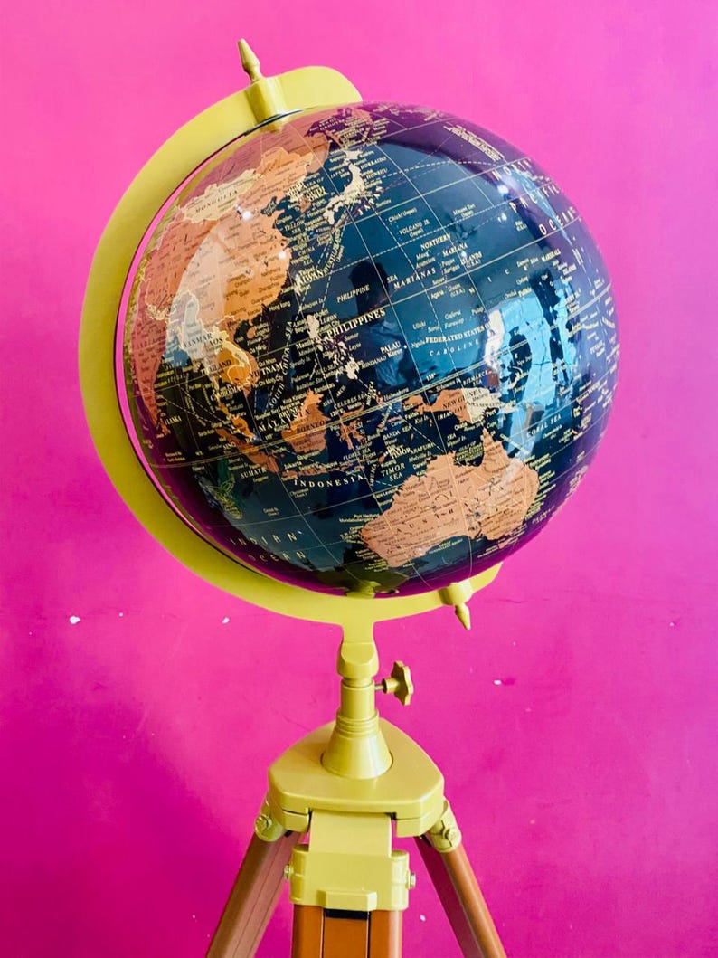 Large Dark Globe on Wooden Tripod Stand with Brass Ring view 8