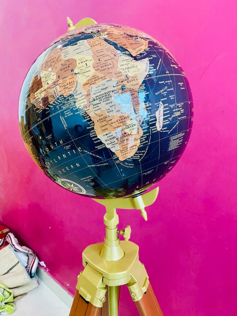 Large Dark Globe on Wooden Tripod Stand with Brass Ring view 9