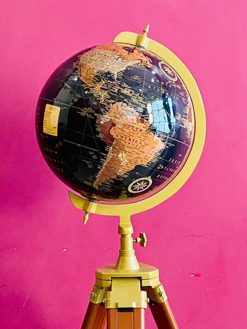 Large Dark Globe on Wooden Tripod Stand with Brass Ring view 10