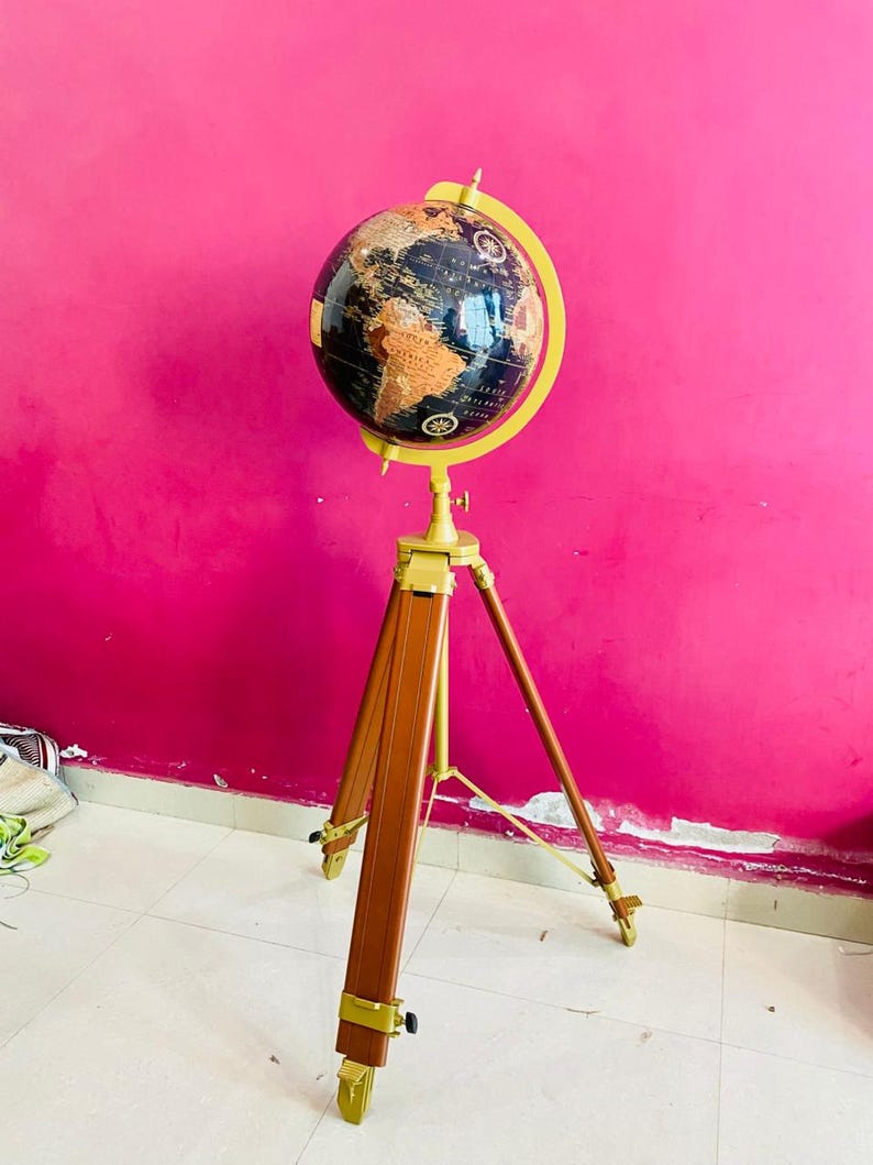Large Dark Globe on Wooden Tripod Stand with Brass Ring view 11