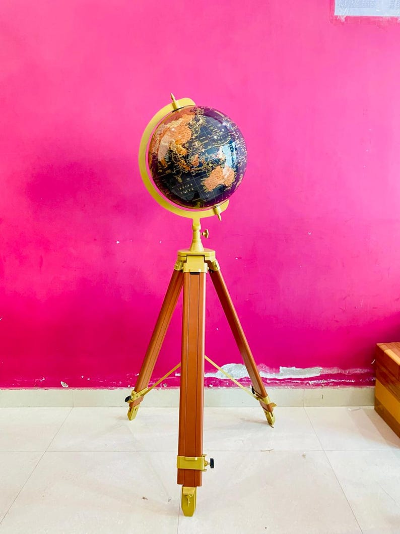 Large Dark Globe on Wooden Tripod Stand with Brass Ring view 12