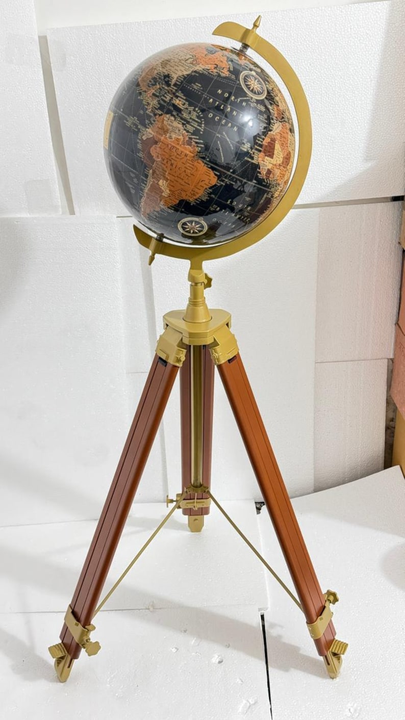 Large Dark Globe on Wooden Tripod Stand with Brass Ring, Alternate Stand Colour view 2