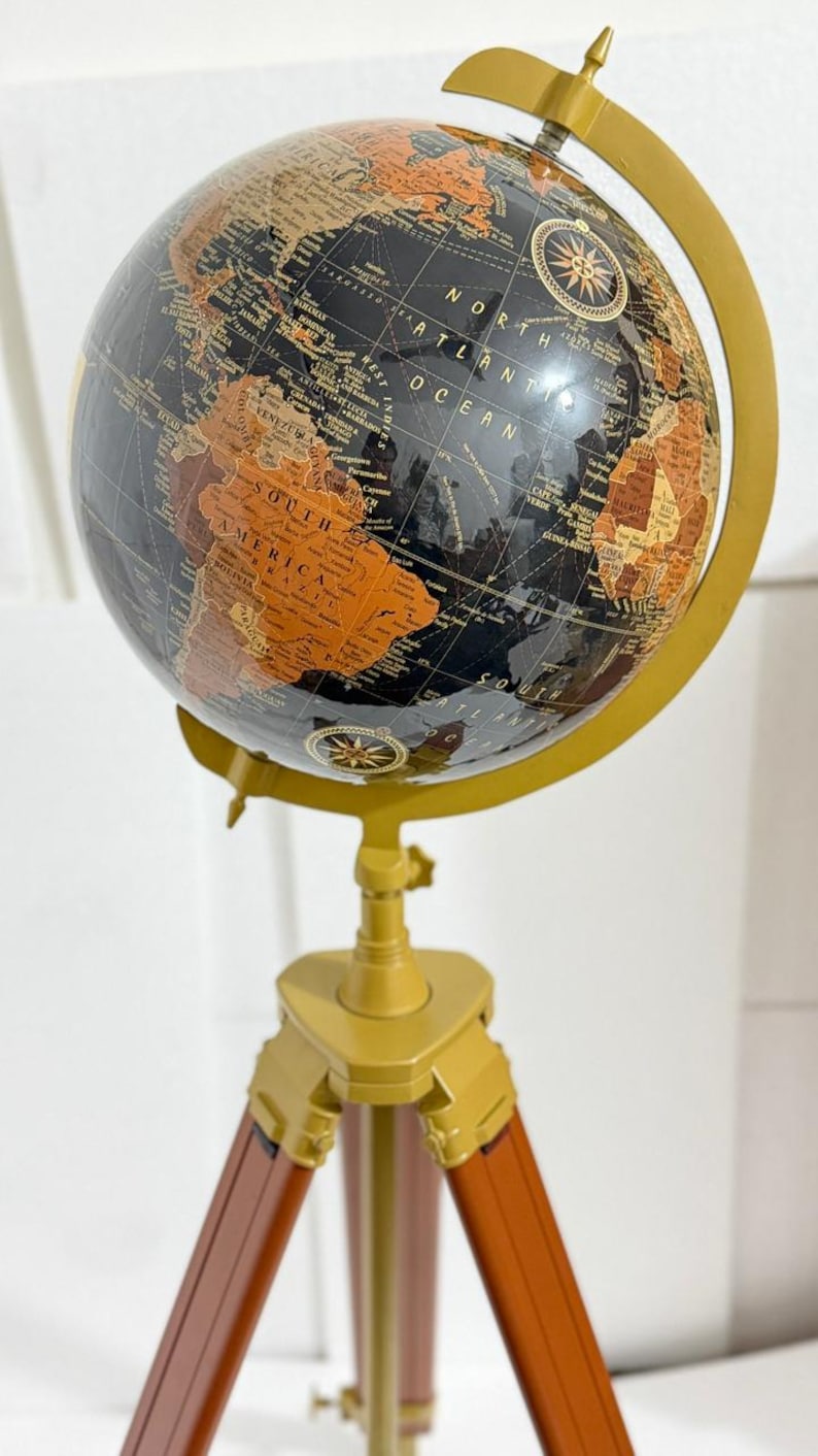 Large Dark Globe on Wooden Tripod Stand with Brass Ring, Alternate Stand Colour view 3