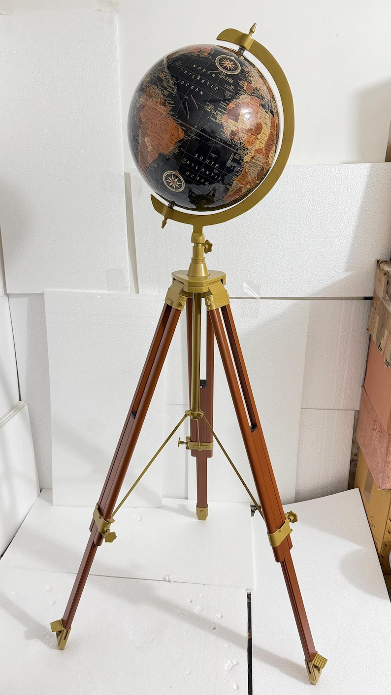 Large Dark Globe on Wooden Tripod Stand with Brass Ring, Alternate Stand Colour view 4