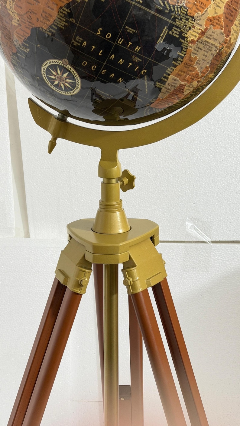Large Dark Globe on Wooden Tripod Stand with Brass Ring, Alternate Stand Colour view 5