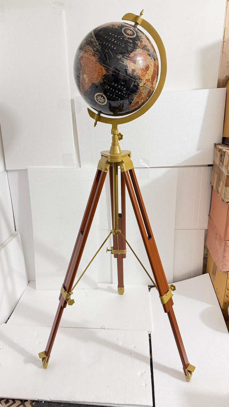 Large Dark Globe on Wooden Tripod Stand with Brass Ring, Alternate Stand Colour view 7