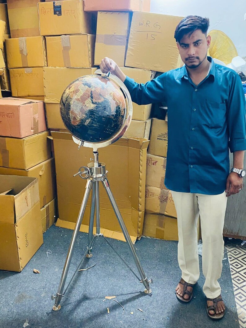 Dark Globe on All-Brass Chrome Tripod Stand with Rotating Wheel Height Adjustment view 2