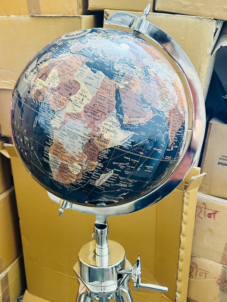 Dark Globe on All-Brass Chrome Tripod Stand with Rotating Wheel Height Adjustment view 5