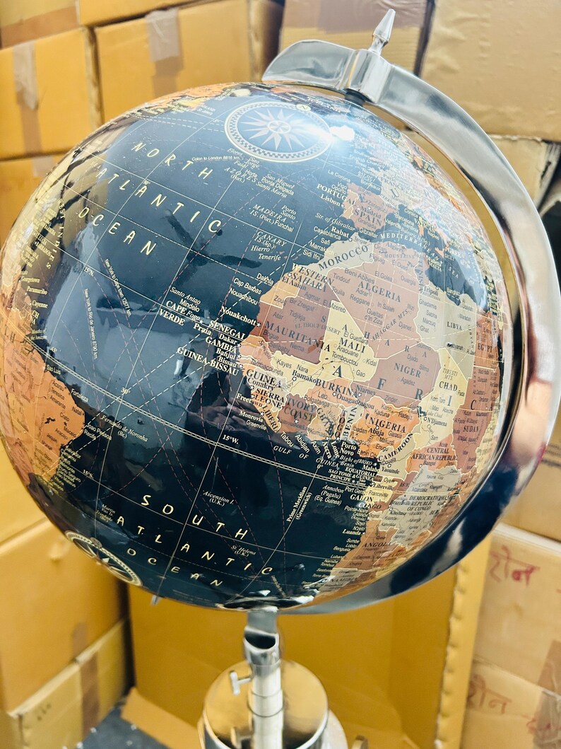 Dark Globe on All-Brass Chrome Tripod Stand with Rotating Wheel Height Adjustment view 6