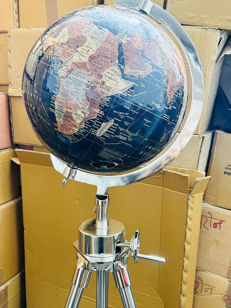 Dark Globe on All-Brass Chrome Tripod Stand with Rotating Wheel Height Adjustment view 8