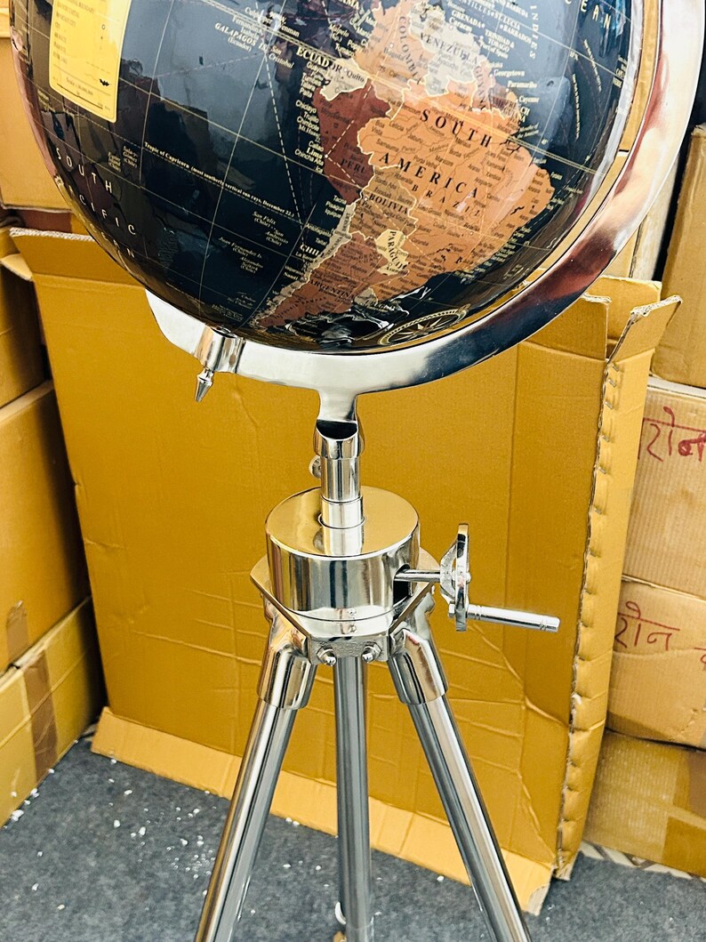 Dark Globe on All-Brass Chrome Tripod Stand with Rotating Wheel Height Adjustment view 9