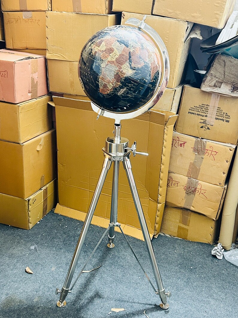 Dark Globe on All-Brass Chrome Tripod Stand with Rotating Wheel Height Adjustment view 11