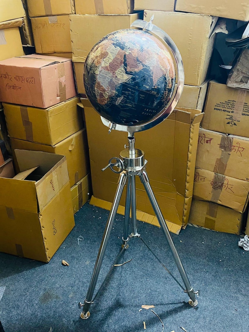 Dark Globe on All-Brass Chrome Tripod Stand with Rotating Wheel Height Adjustment view 12