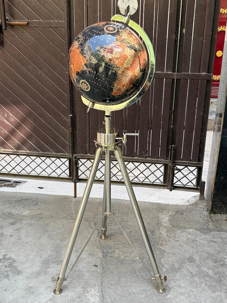 Black Ocean and Dark Brown Land Globe on All-Brass Chrome Tripod Stand view 2