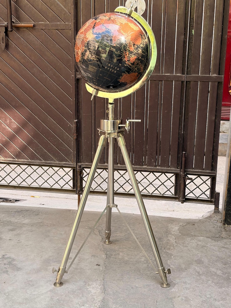 Black Ocean and Dark Brown Land Globe on All-Brass Chrome Tripod Stand view 4