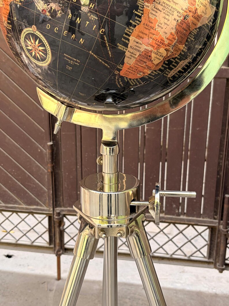 Black Ocean and Dark Brown Land Globe on All-Brass Chrome Tripod Stand view 6