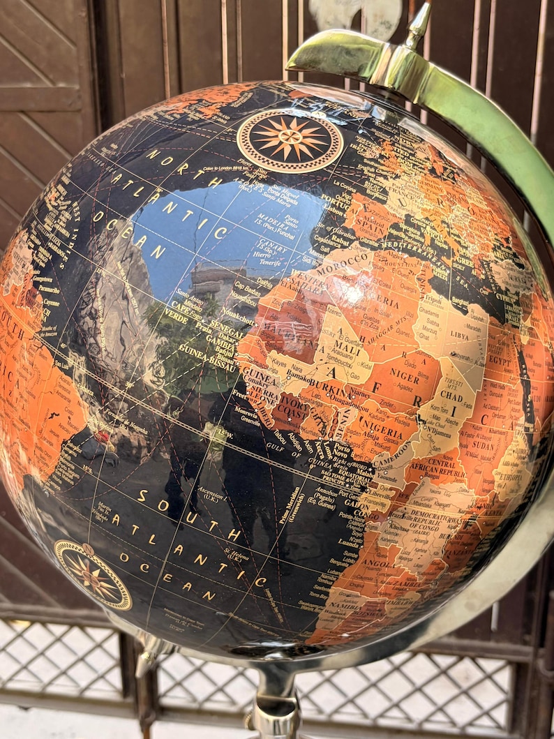 Black Ocean and Dark Brown Land Globe on All-Brass Chrome Tripod Stand view 13