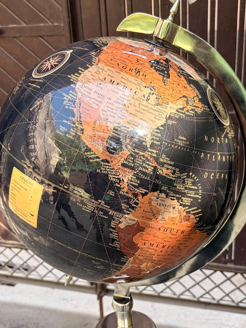 Black Ocean and Dark Brown Land Globe on All-Brass Chrome Tripod Stand view 15