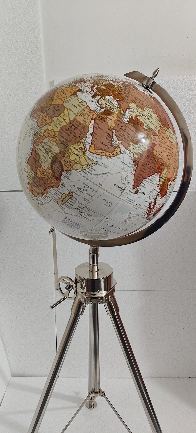 Large White Globe on All-Brass Chrome Tripod Stand view 2